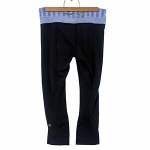 Black Cropped Leggings with Blue Waistband